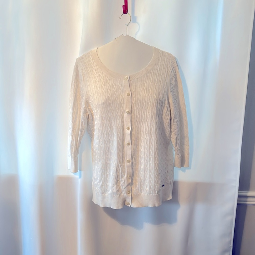 Tommy Hilfiger Pima Cotton Cable Knit 3/4 Sleeve Cardigan Sweater.
